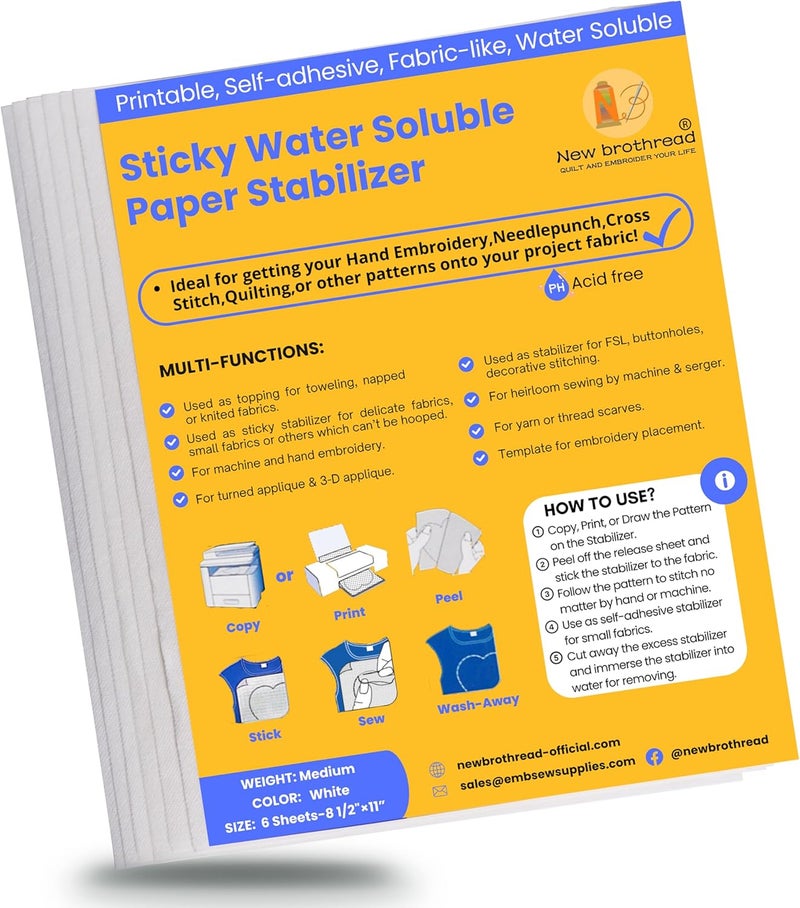 New brothread 6PCS 8.5"x11" Sticky Water Soluble Embroidery Stabilizer Printable Paper Stabilizer - Medium Weight - Allowed for Print or Draw Patterns Best for Hand & Machine Embroidery - Image 1